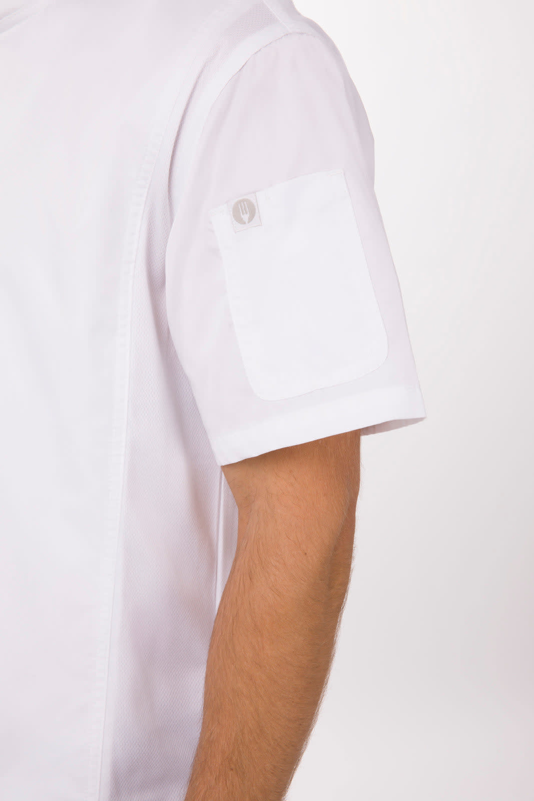 A white chef jacket featuring a short sleeve with a pocket detail on the left arm.