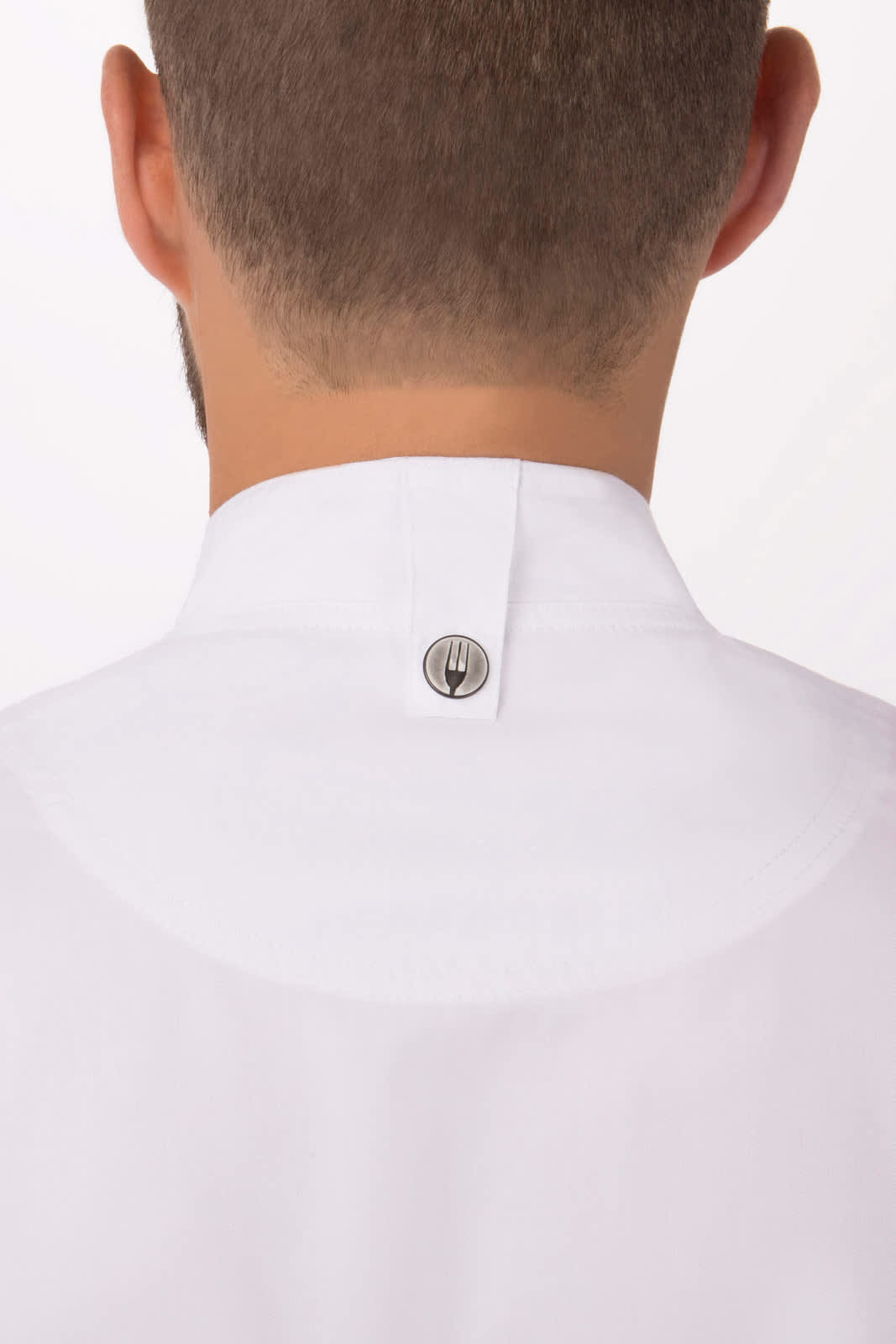 A white chef jacket featuring a stand-up collar and a logo on the back.