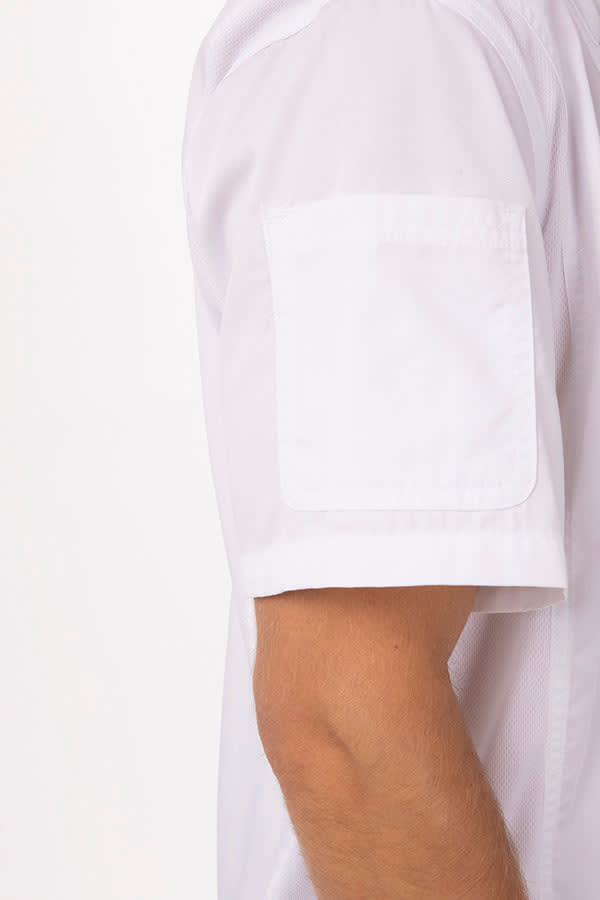 A white chef jacket featuring short sleeves and a patch pocket on the left arm, with a simple design.