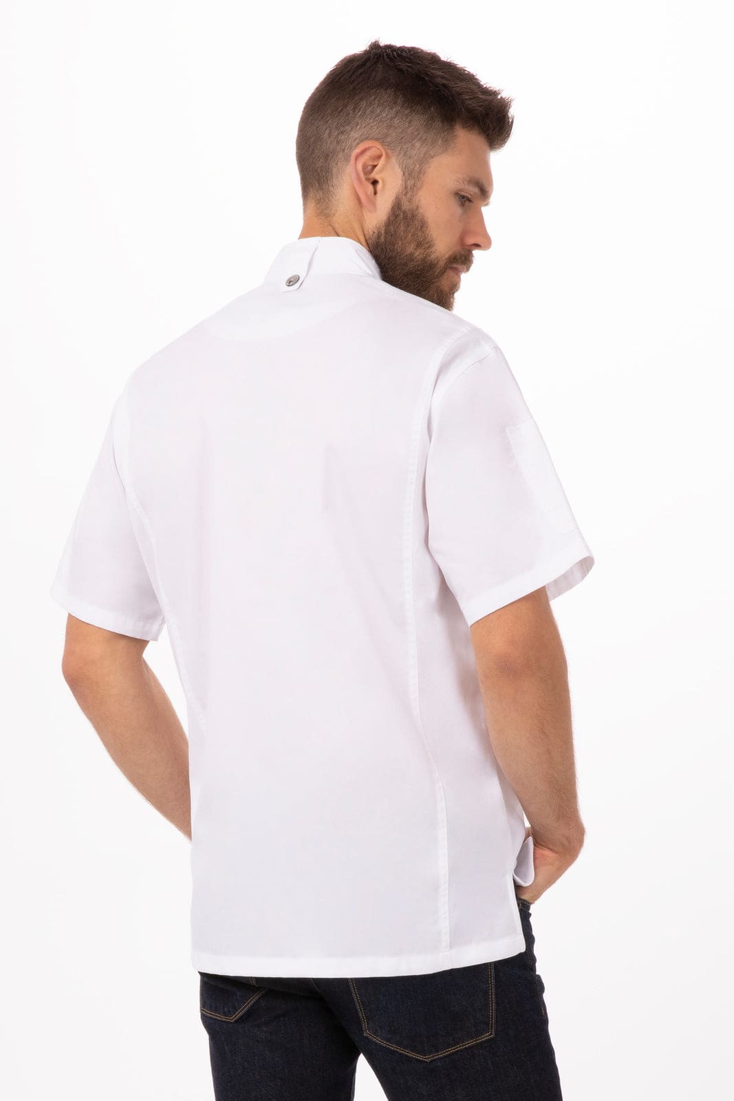 A white men's chef jacket featuring short sleeves and a back view. It includes a branding logo.