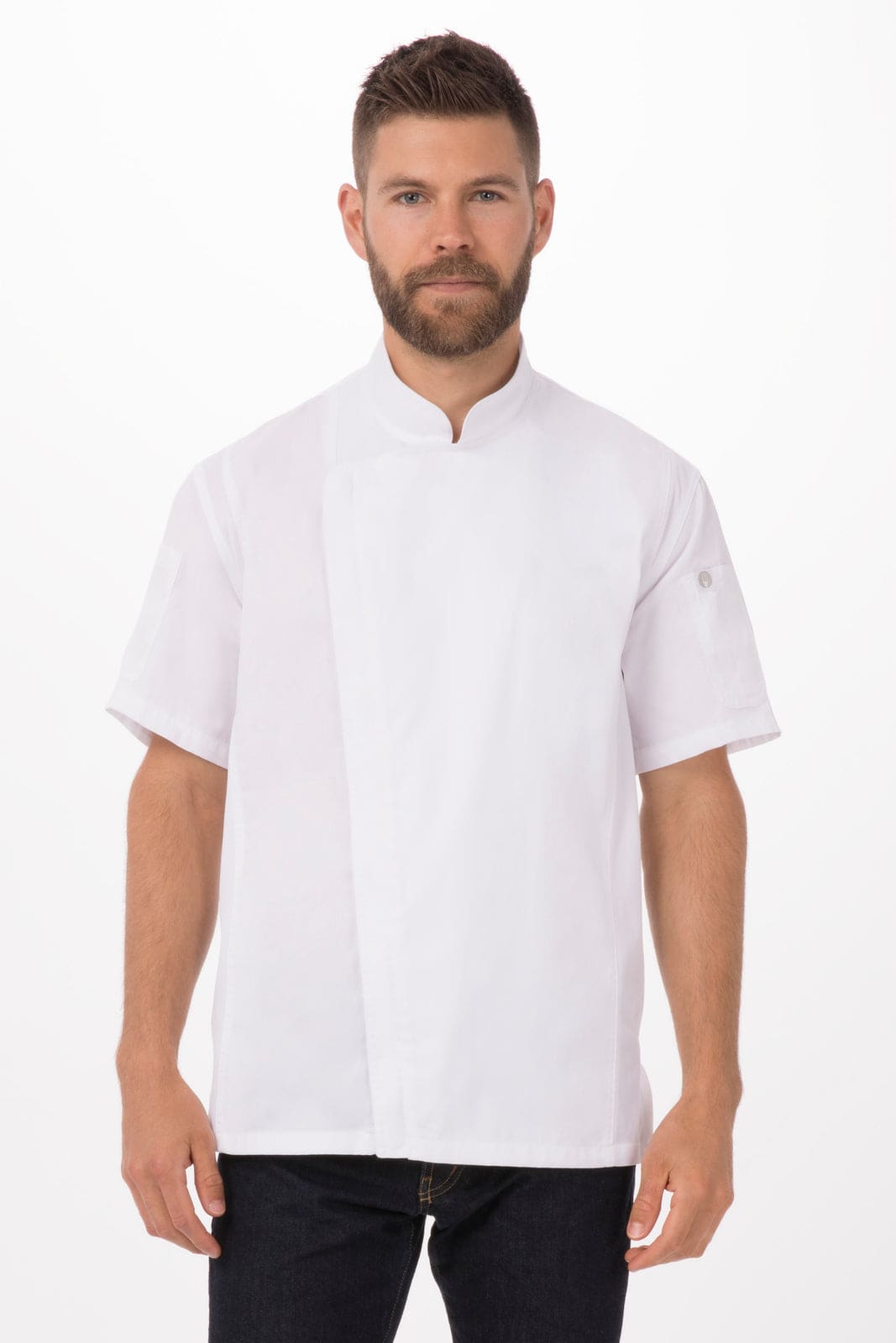A man wearing a white chef jacket with short sleeves and a stand-up collar. The jacket features a logo.