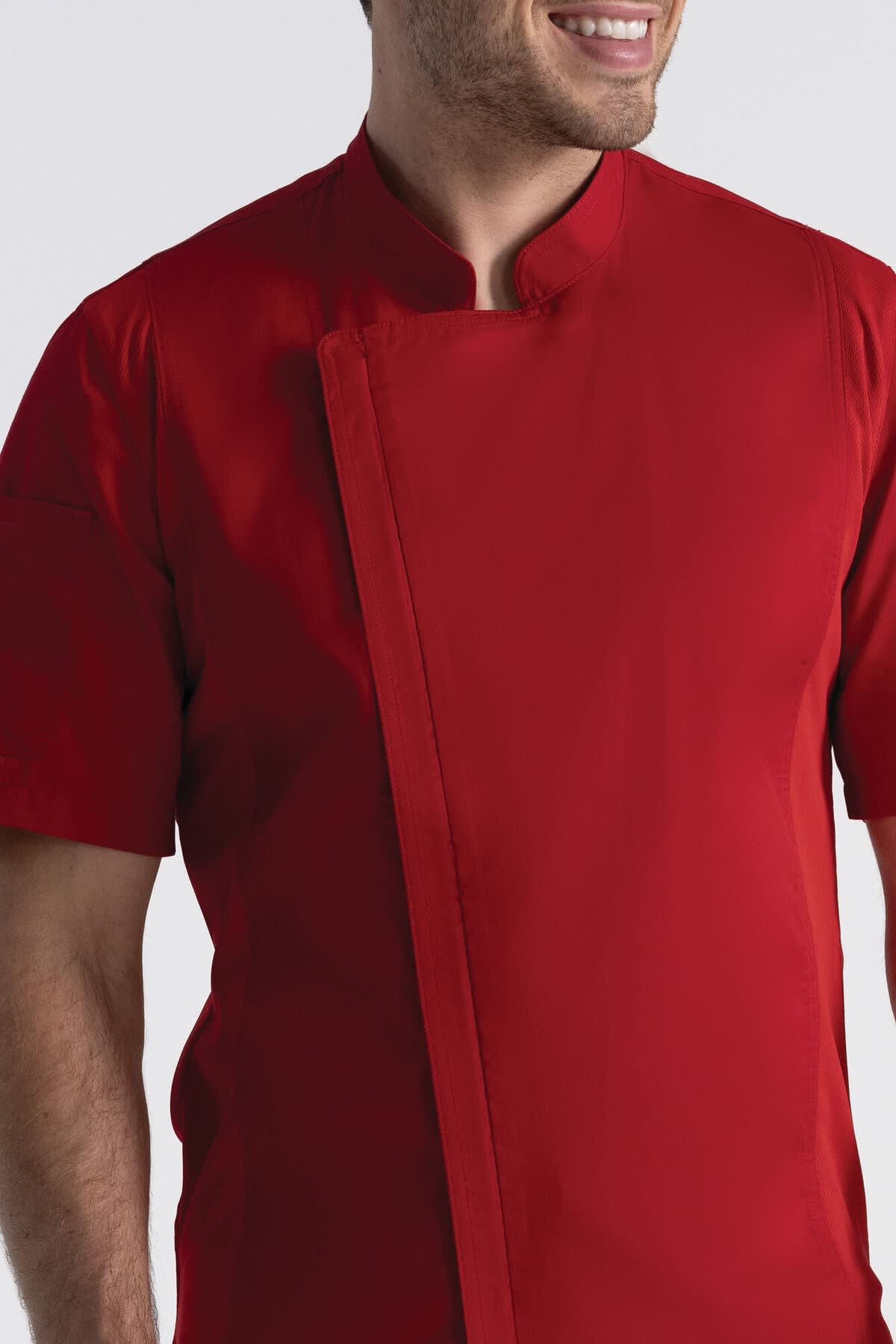 A red chef jacket with a mandarin collar and short sleeves, featuring a front wrap closure and a logo.