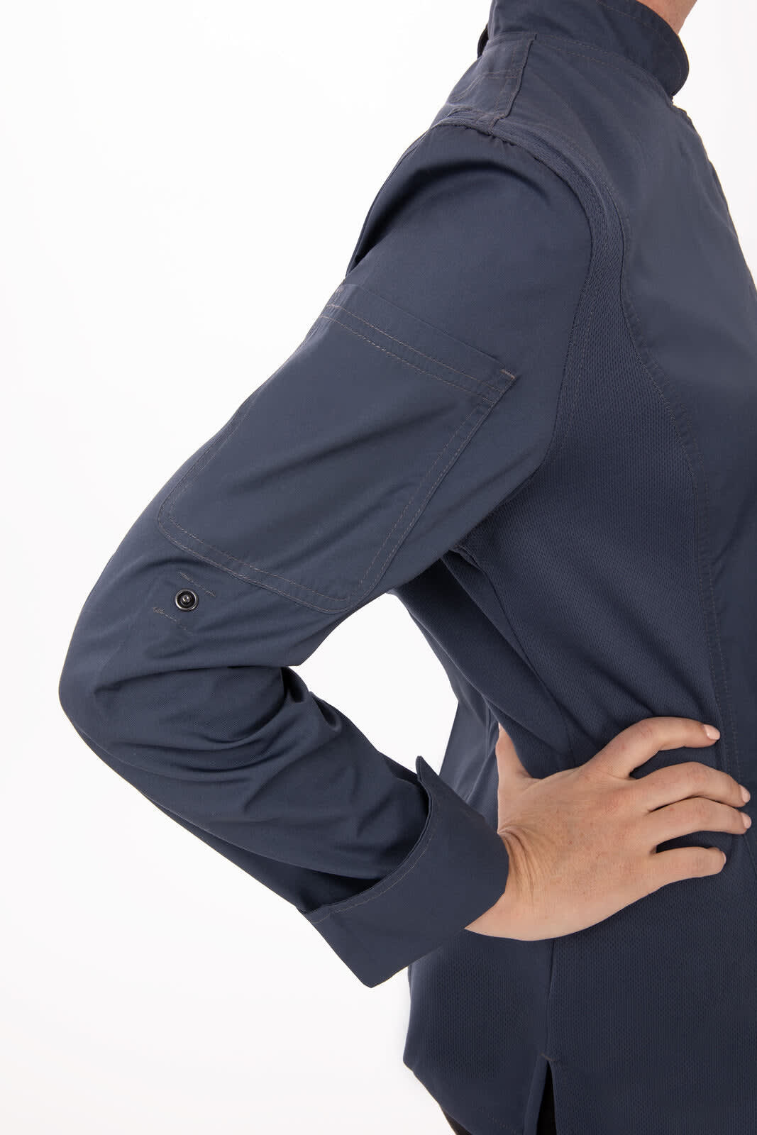 A navy women's chef jacket featuring a high collar and long sleeves, with a branding logo on the arm.