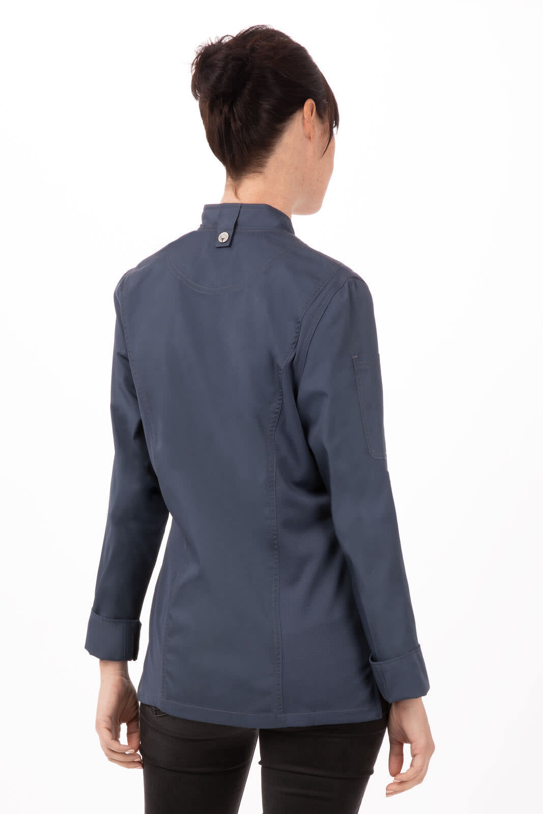 A women's chef jacket in navy blue, featuring a high collar and long sleeves, with a logo on the back.