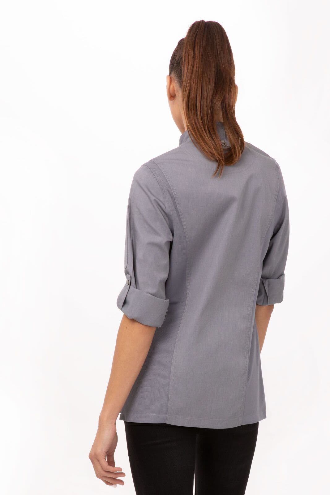 A stylish grey chef jacket for women, featuring a roll-up sleeve design and a back view. Includes a logo.