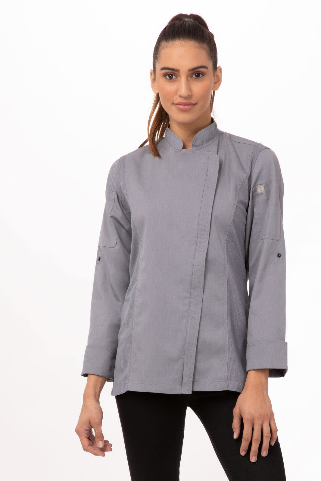 A women's chef jacket in grey, featuring a stylish design and a logo on the sleeve.