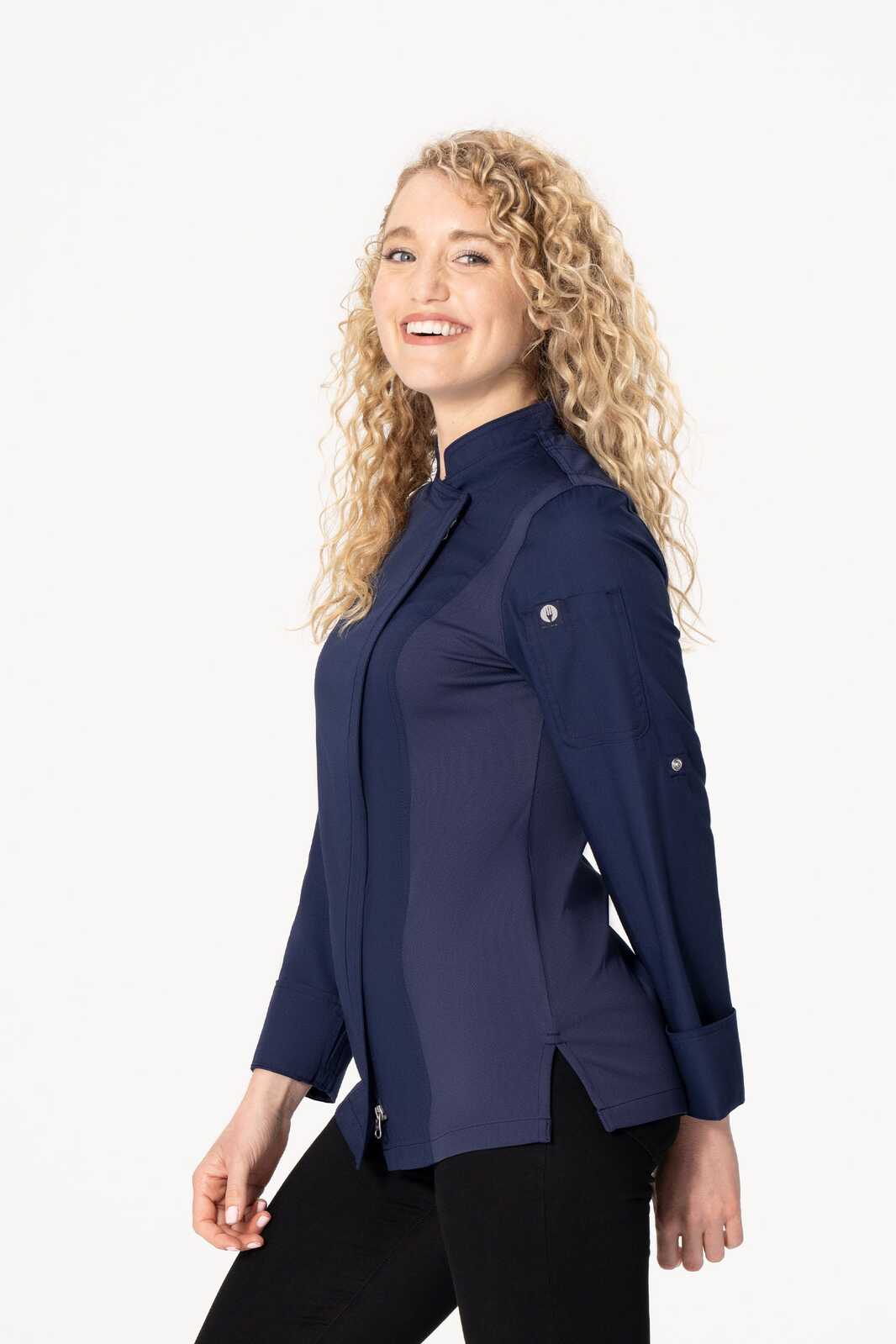 A navy women's chef jacket with a stylish design and features like long sleeves and a high collar.