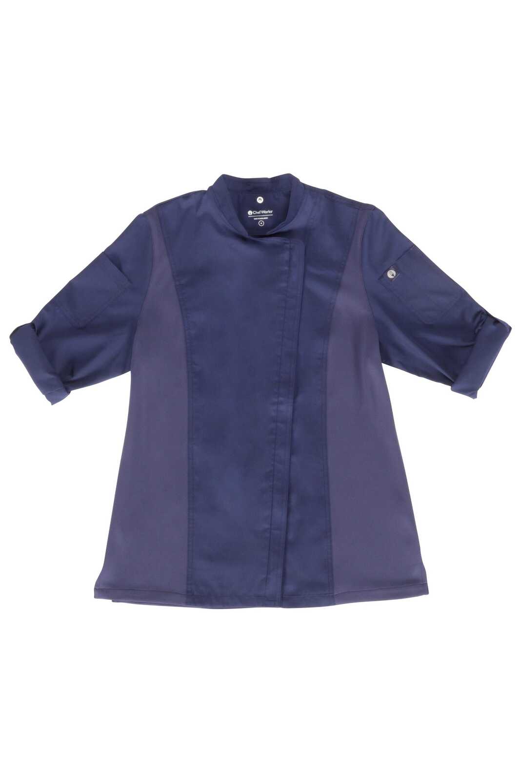 A navy women's chef jacket featuring a mandarin collar and rolled sleeves, with a logo on one sleeve.