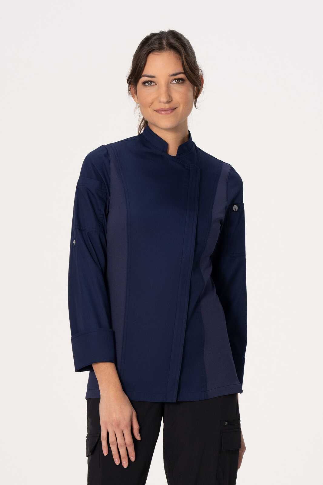 A women's chef jacket in navy blue with long sleeves, featuring a standing collar and a logo.