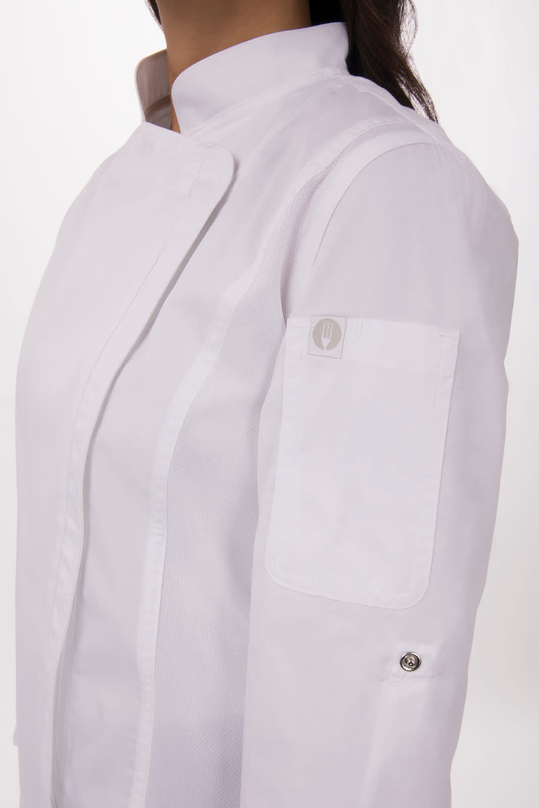 A white women's chef jacket featuring a mandarin collar and a pocket on the sleeve, complete with a logo.