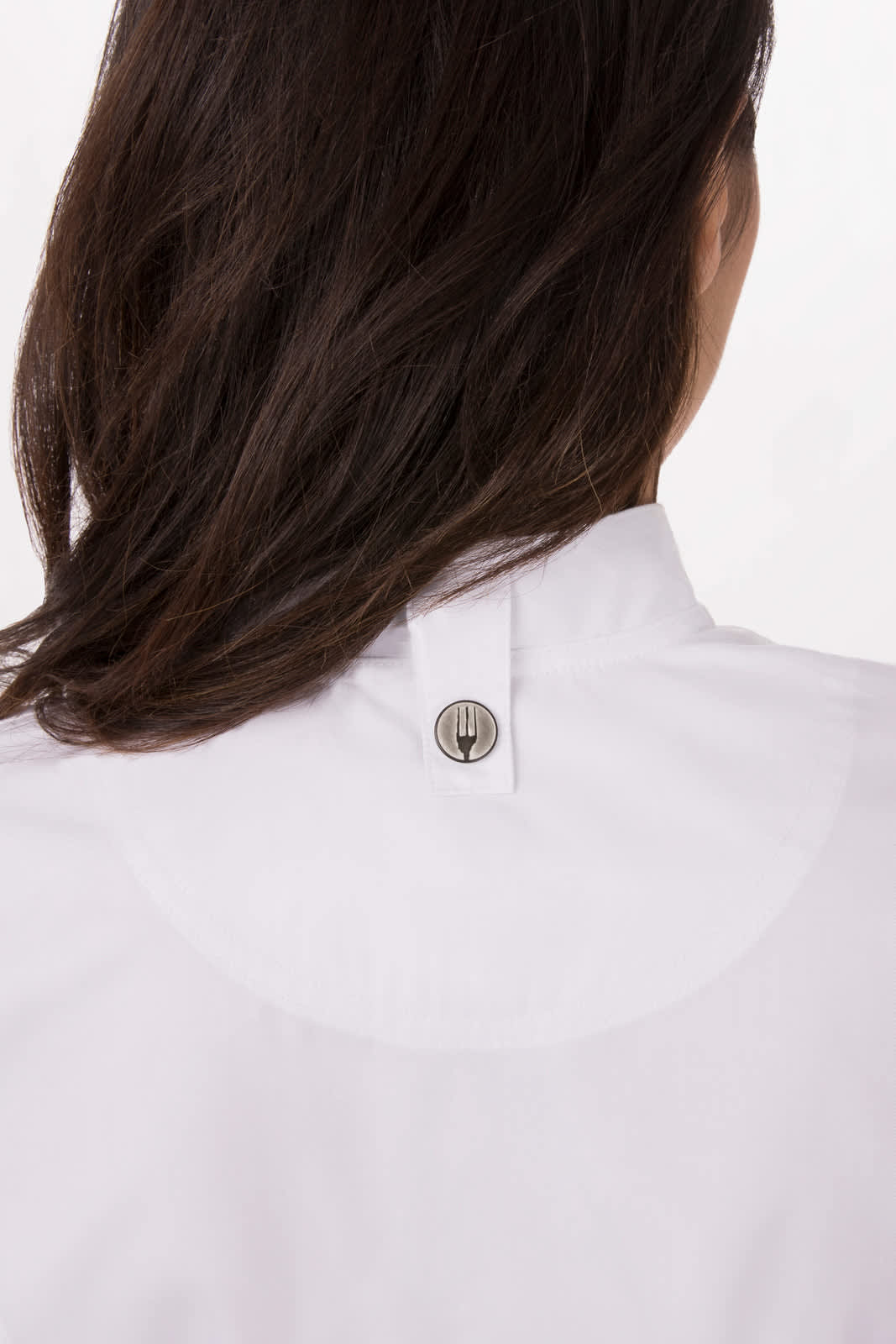 A women's white chef jacket featuring a stand collar and a button closure at the back.