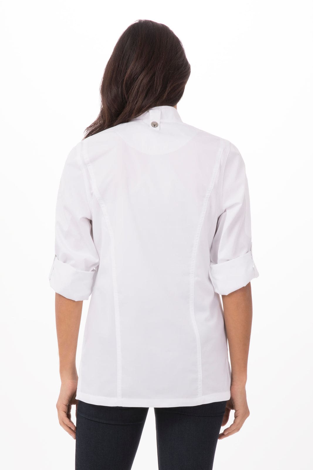A white chef jacket for women with short rolled sleeves and a button detail at the back. Features a logo.