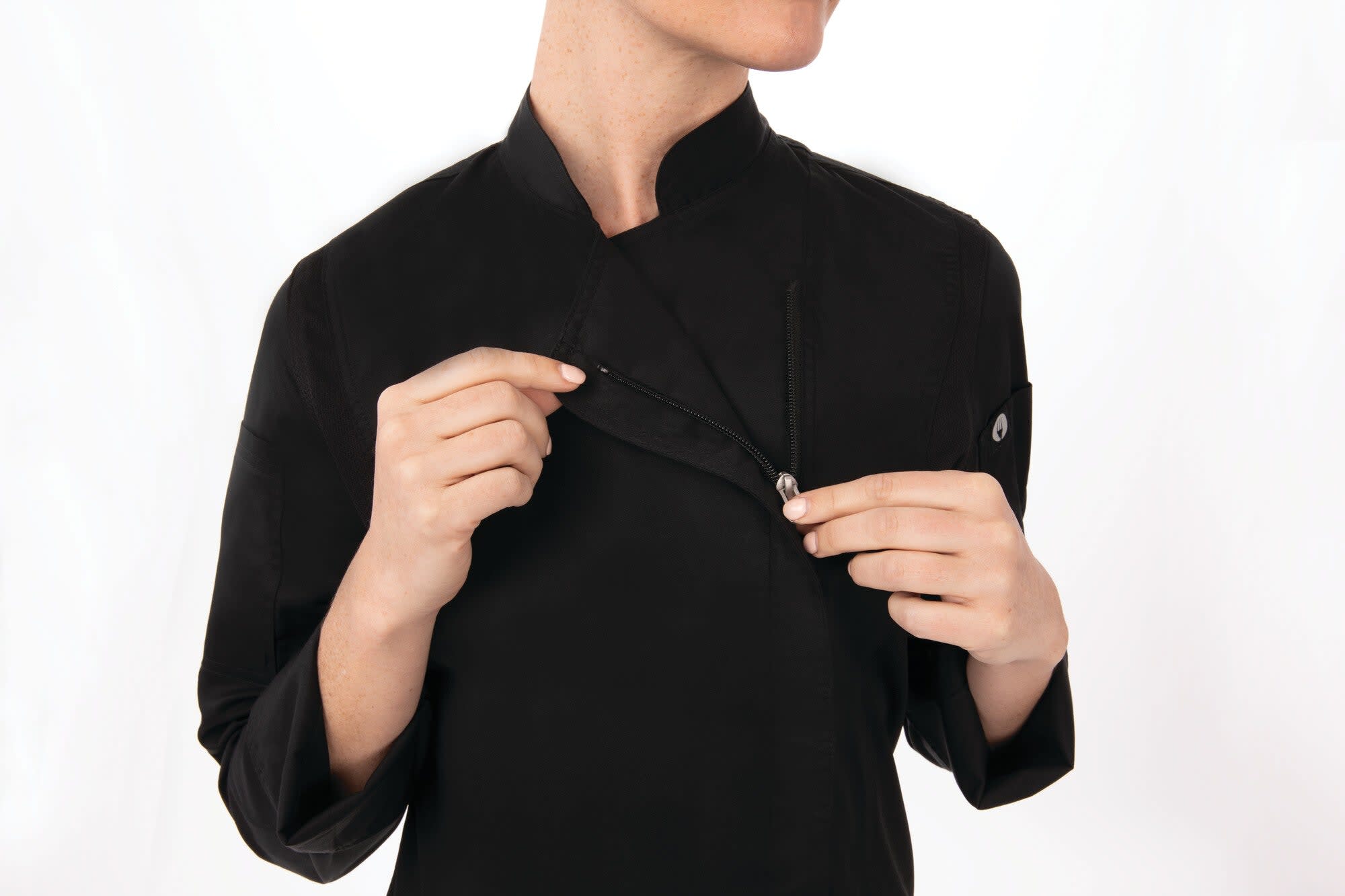 A black women's chef jacket featuring a mandarin collar and a logo on the sleeve.