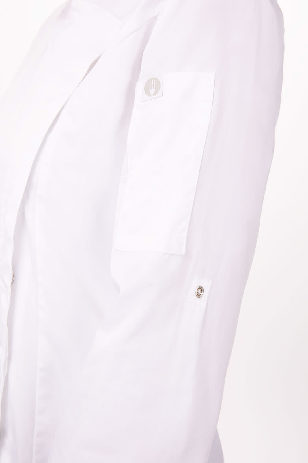 A white women's chef jacket featuring a side pocket and a button detail, with a logo branding.