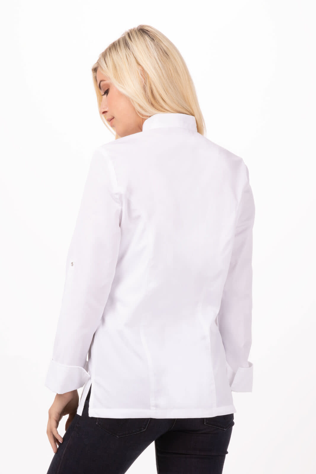 A white women's chef jacket with a high collar and long sleeves, featuring a simple design and a logo.