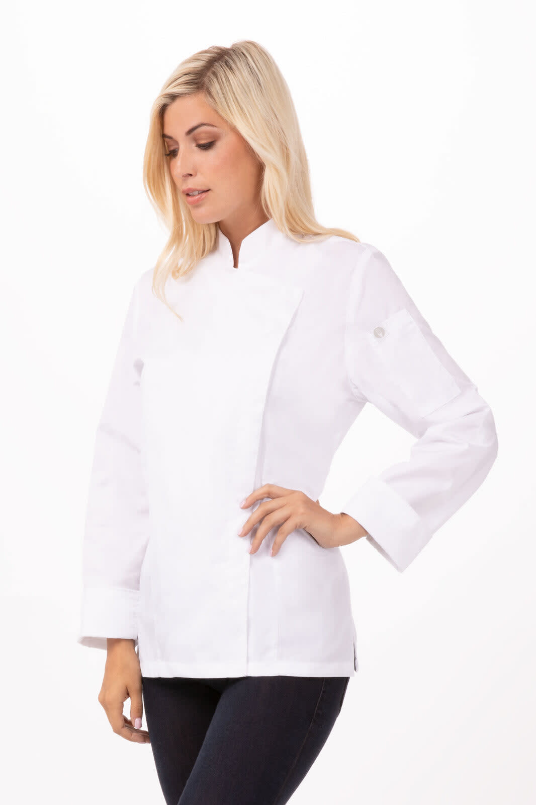 A white women's chef jacket featuring a classic design and long sleeves, paired with a model.