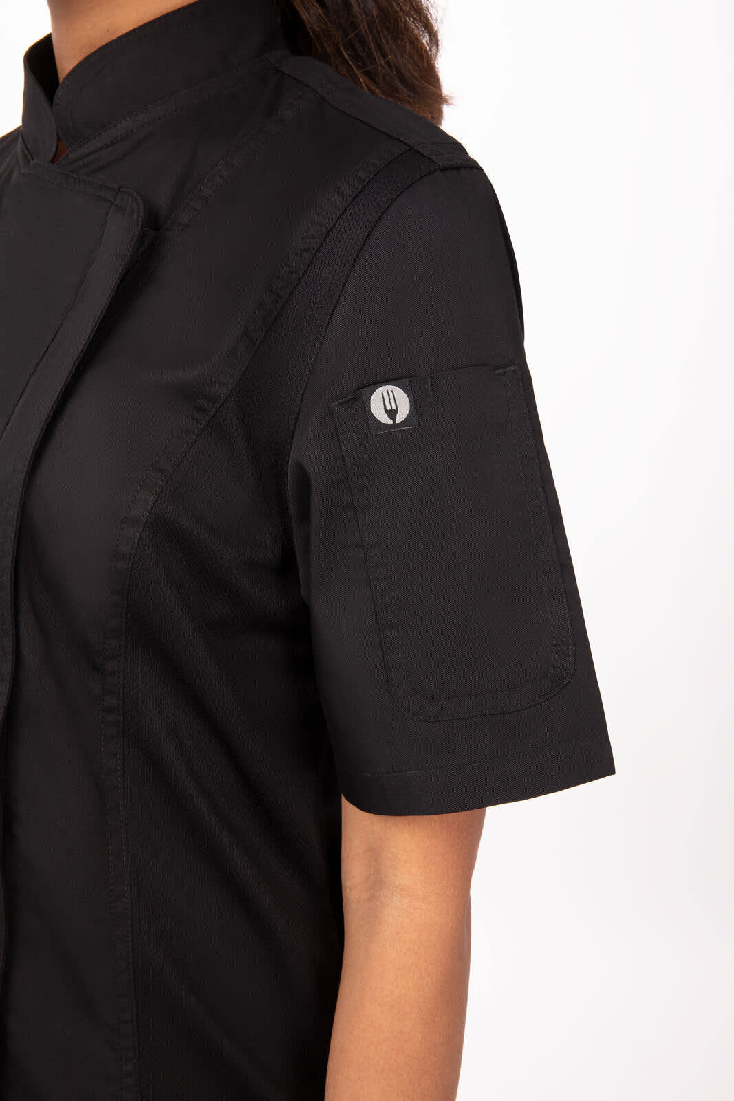 A black women's chef jacket featuring short sleeves and a pocket on the arm, with a logo on the sleeve.