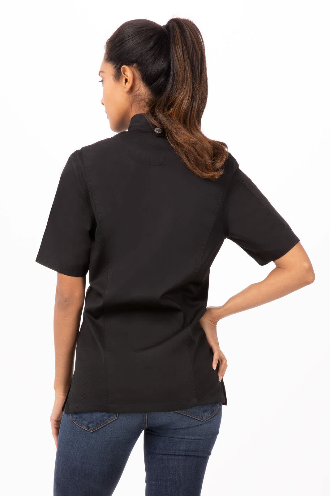 A black chef jacket for women, featuring a short sleeve design and a collar, with a logo on the upper back.