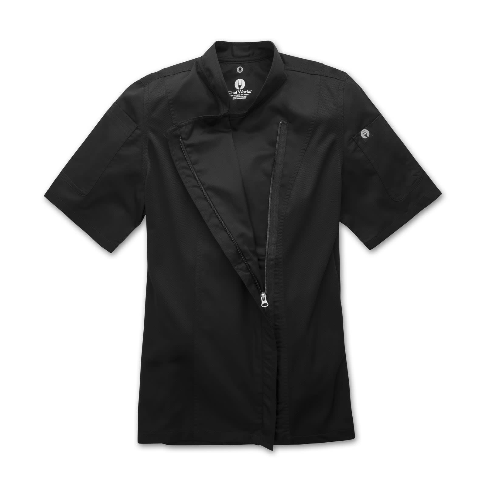 A black short-sleeved women's chef jacket with a zip closure and branding on one sleeve.