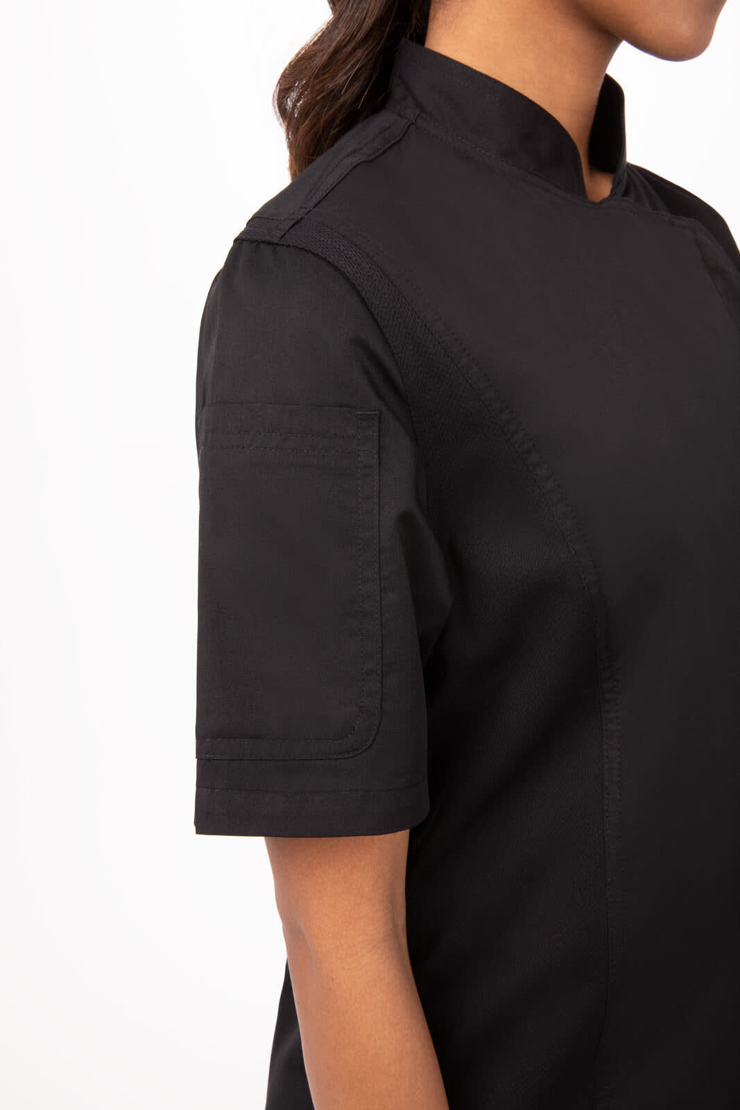 A black women's chef jacket featuring short sleeves and a mandarin collar, with a logo on the sleeve.