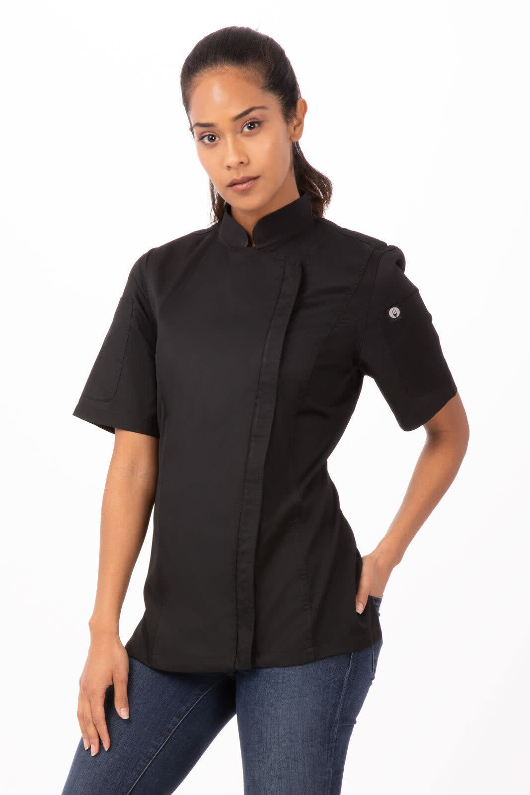 A black women's chef jacket with short sleeves and a stand-up collar, featuring a logo on one sleeve.