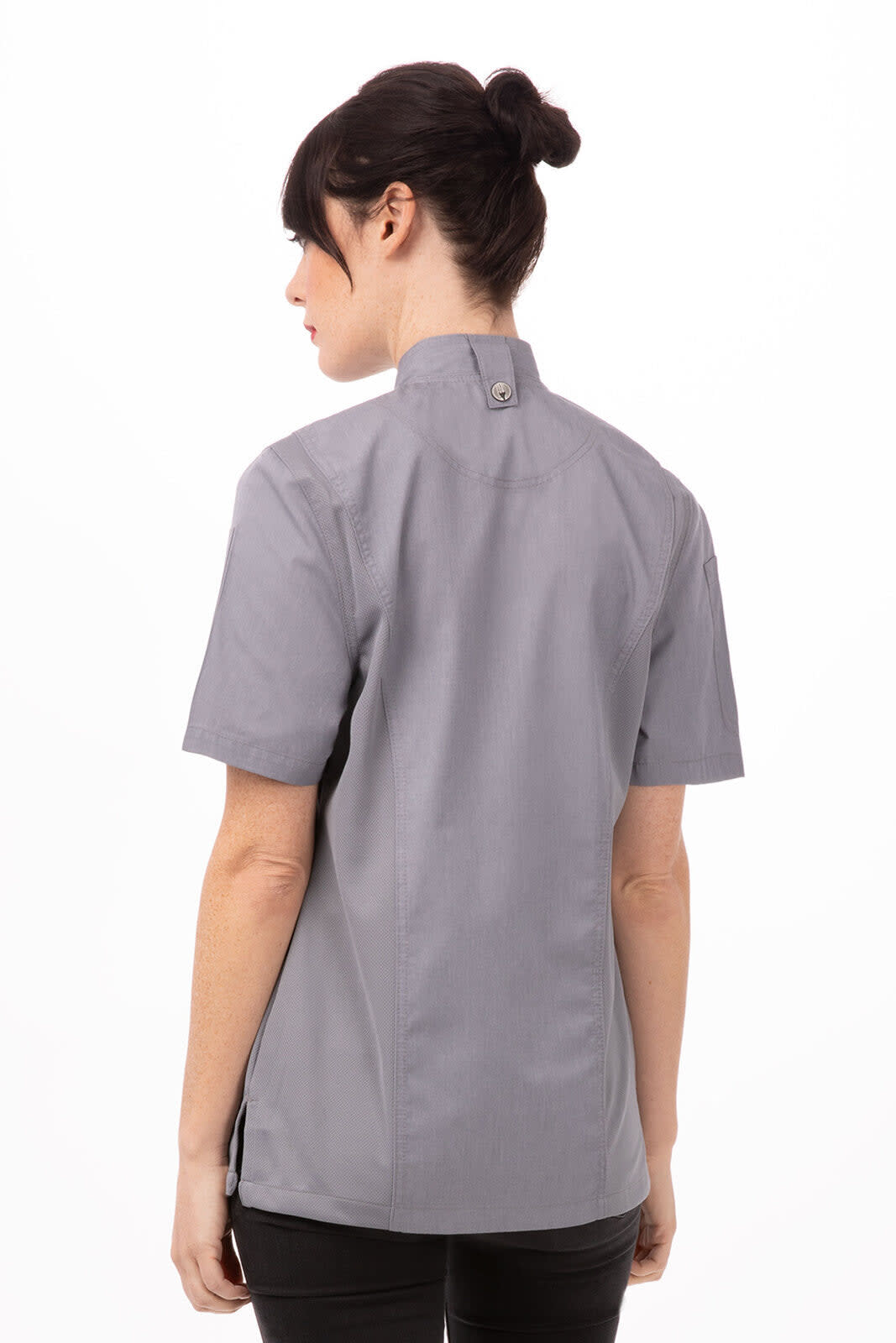A women's chef jacket in grey, featuring short sleeves and a high collar, designed for kitchen use.