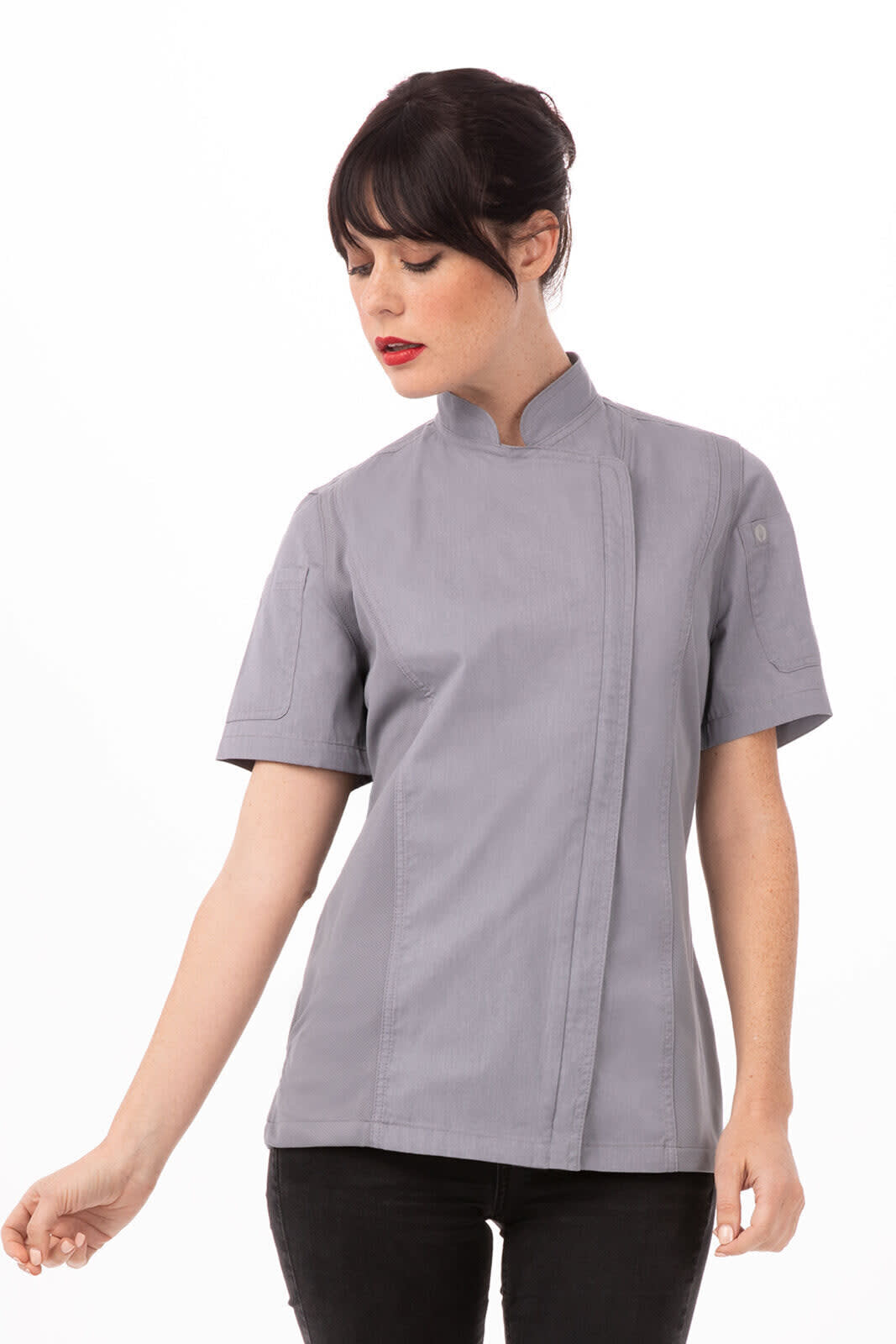 A light grey women's chef jacket with a high collar and short sleeves. The jacket features a logo on one sleeve.