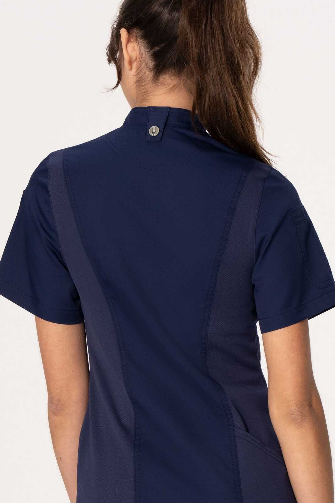 A navy blue women's chef jacket with short sleeves, featuring a high collar and a logo on the back.