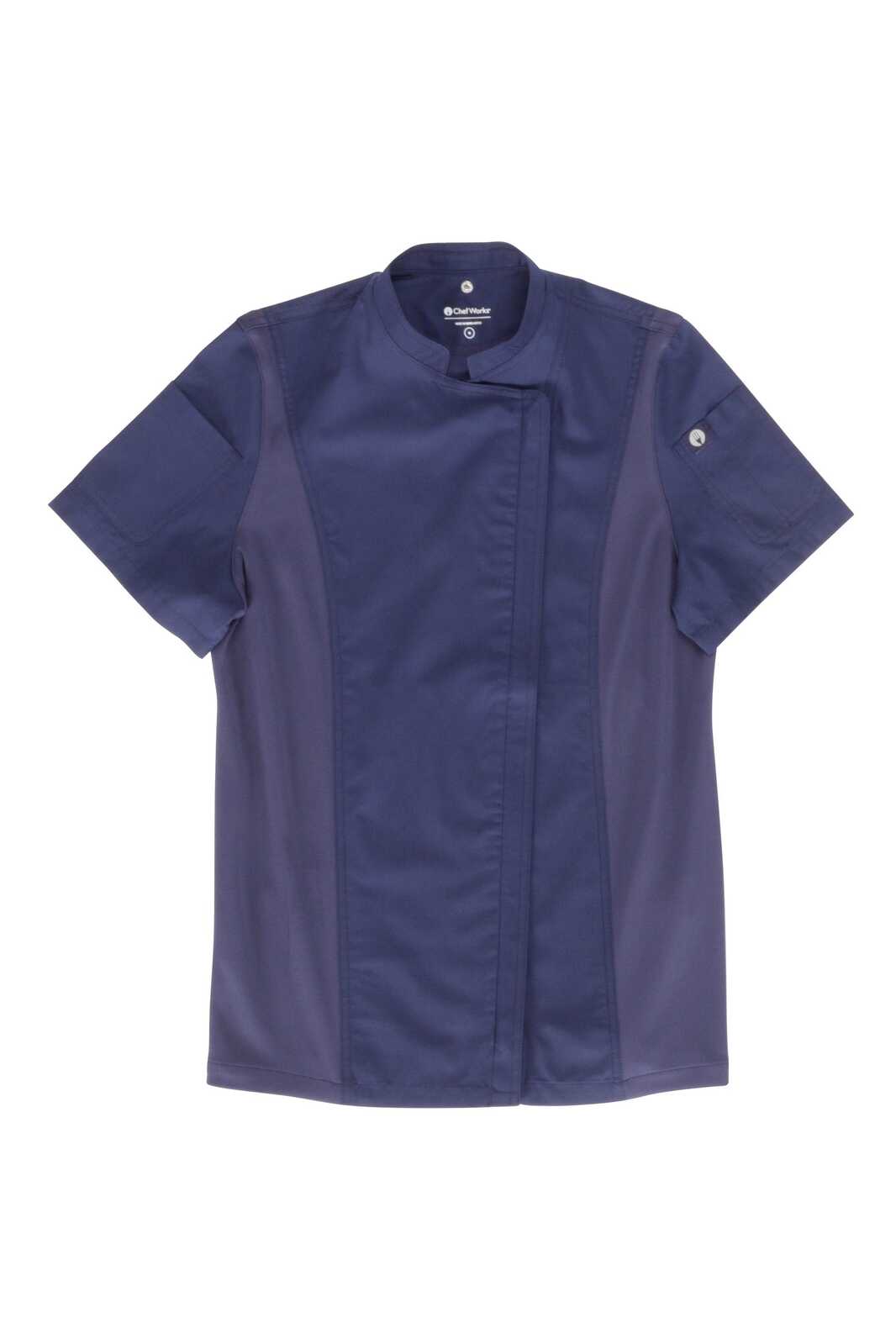 A navy blue women's chef jacket with short sleeves, featuring a stand-up collar and a logo on the sleeve.