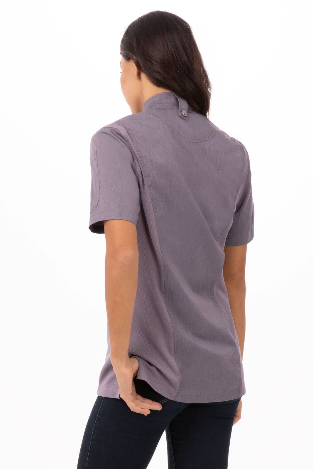 A back view of a women's chef jacket in grey, featuring a short sleeve design and a collar, with a logo present.