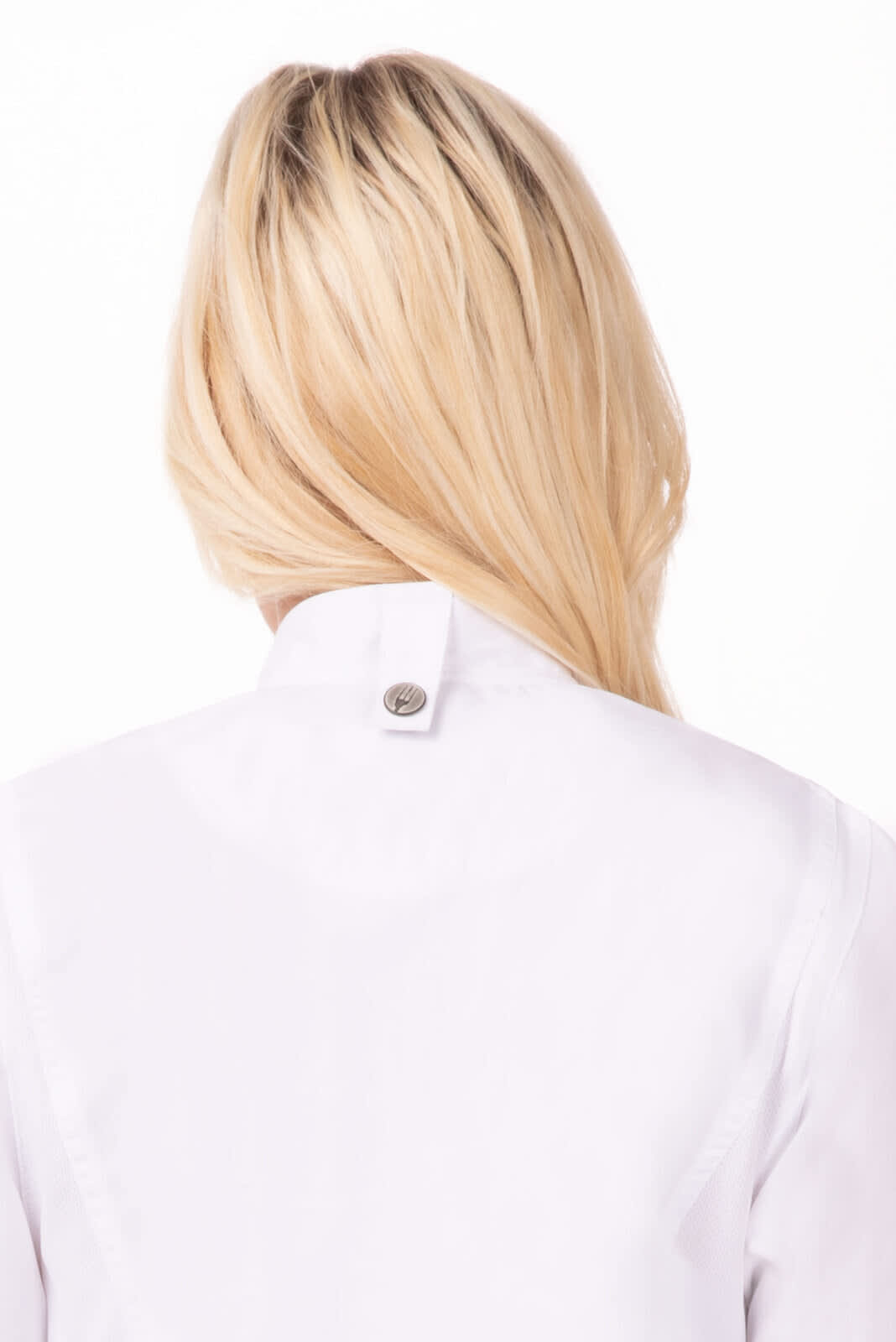 A white women's chef jacket with a back view showing a button at the collar and long sleeves.