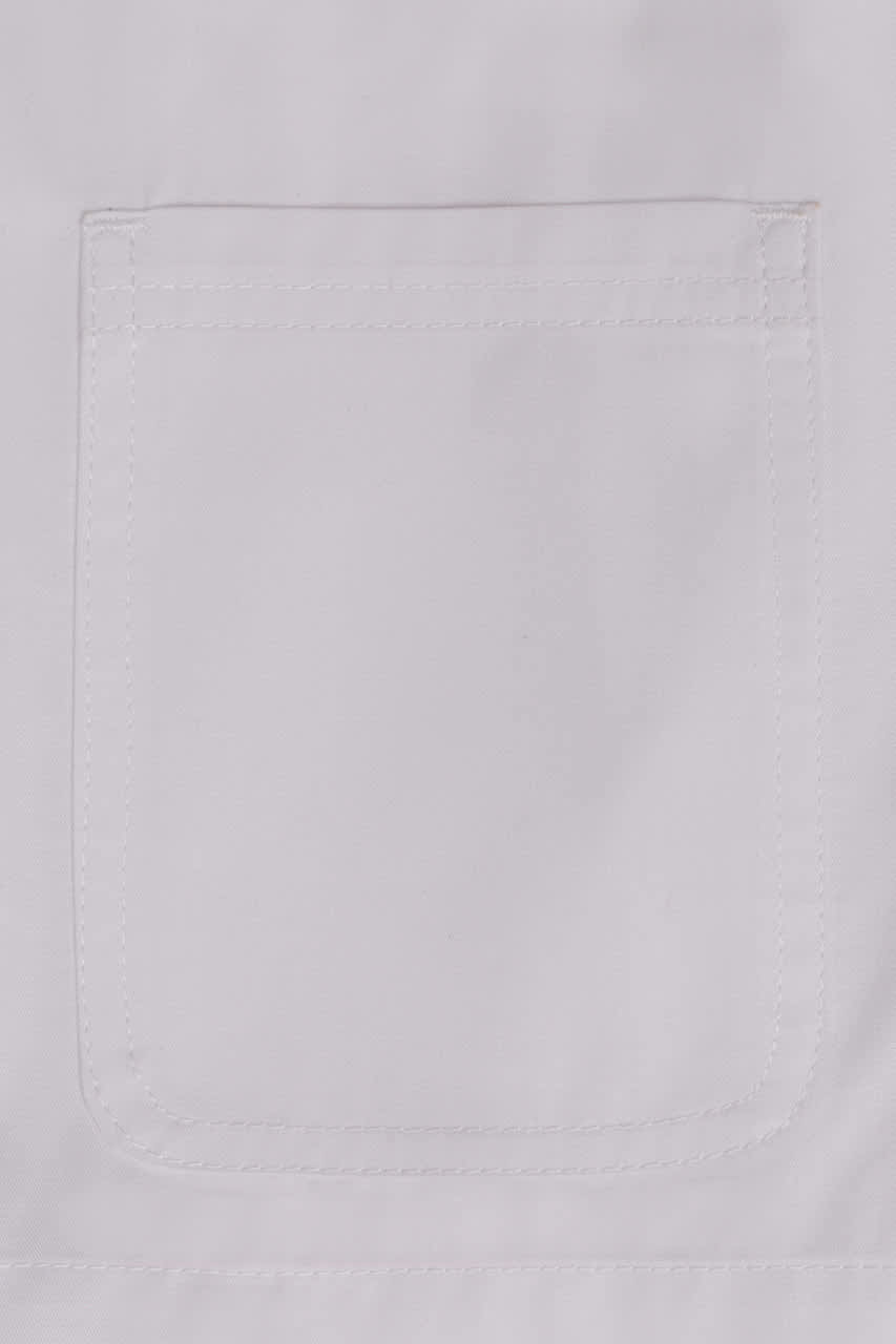 A white women's chef jacket featuring a front pocket and a simple design, with a logo present.