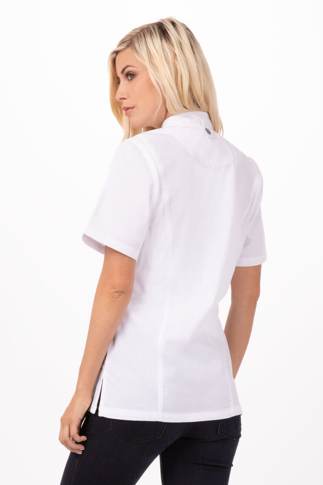 A white women's chef jacket with short sleeves, featuring a fitted design and a small logo on the side.