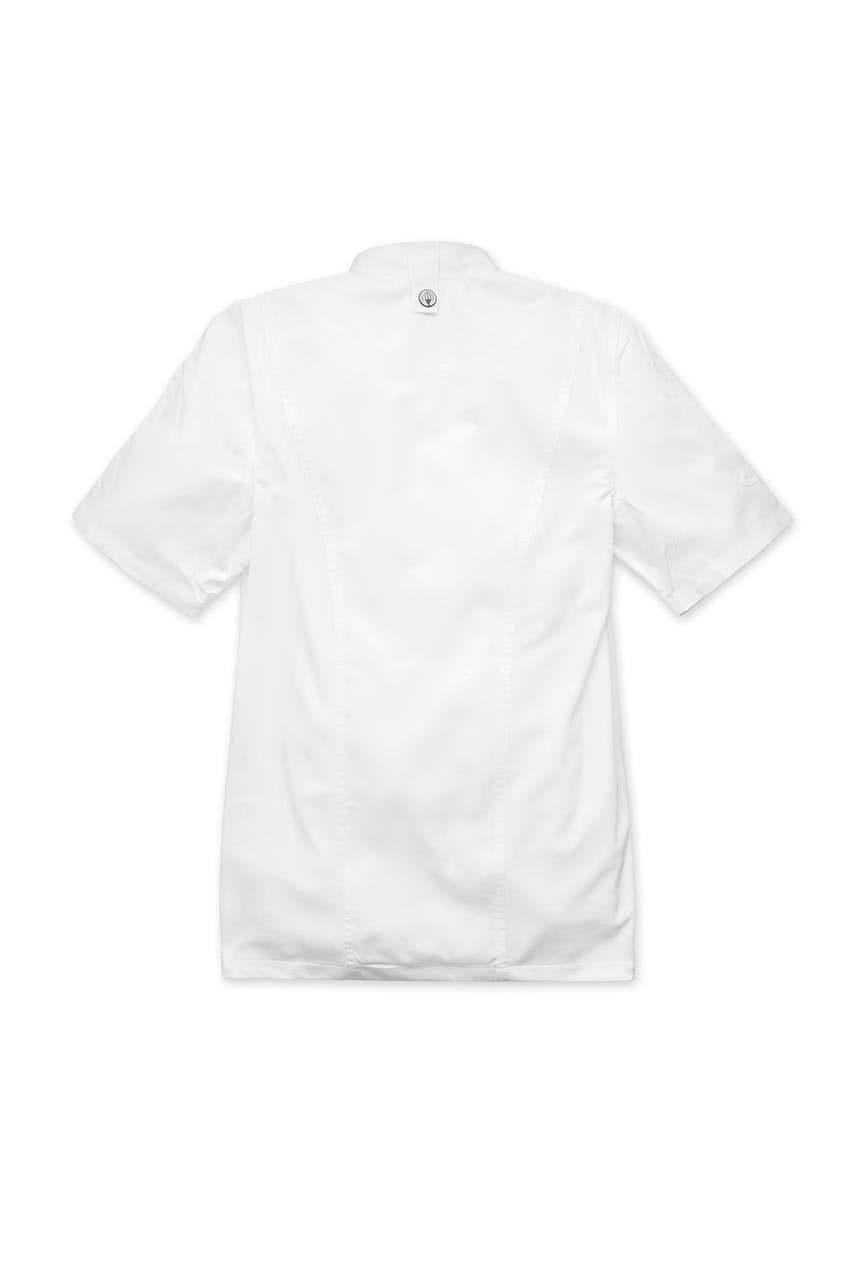 A white women's chef jacket featuring short sleeves and a back collar with a logo.