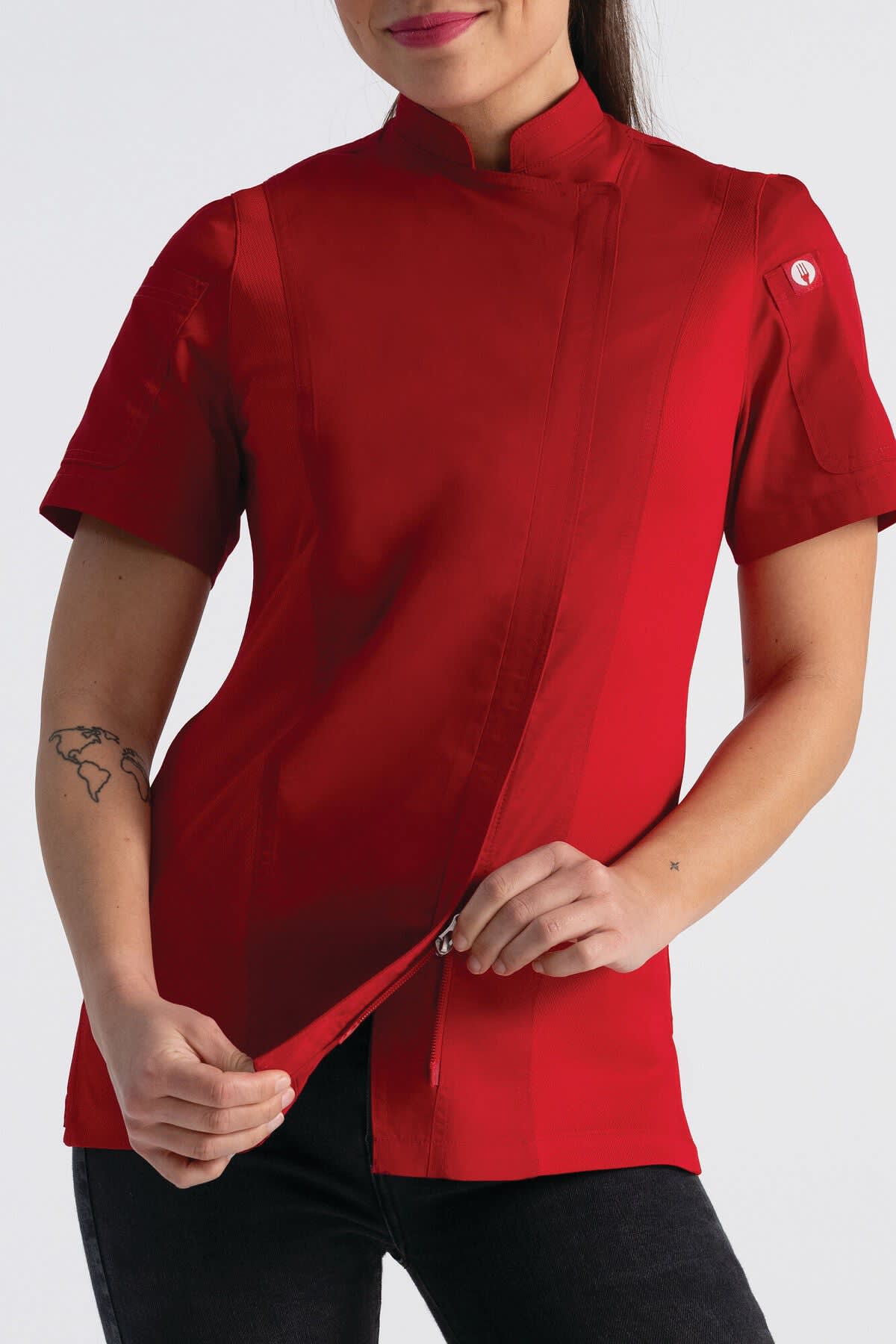 A red women's chef jacket with a mandarin collar and short sleeves, featuring a logo on one sleeve.