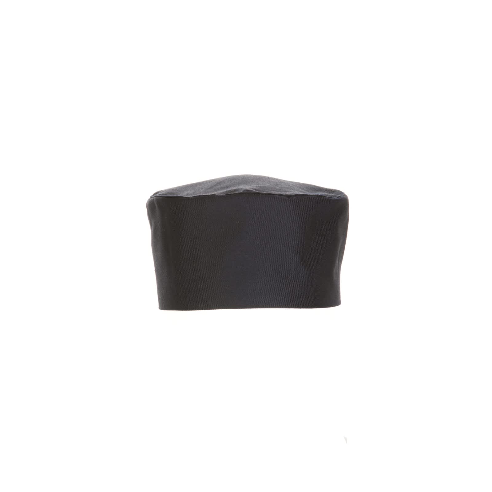 A black chef beanie with a simple, streamlined design. It features a smooth fabric and a minimalistic style.