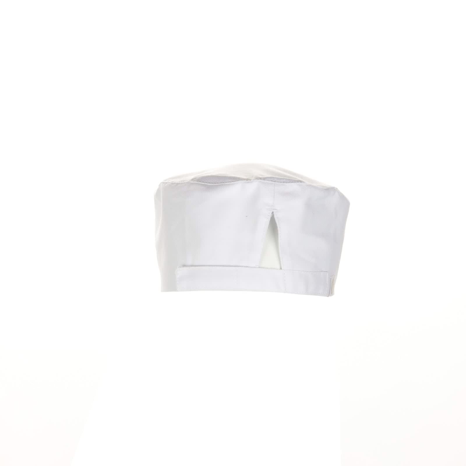 A white chef beanie with a split at the back and a neat band. It features a logo on the side.