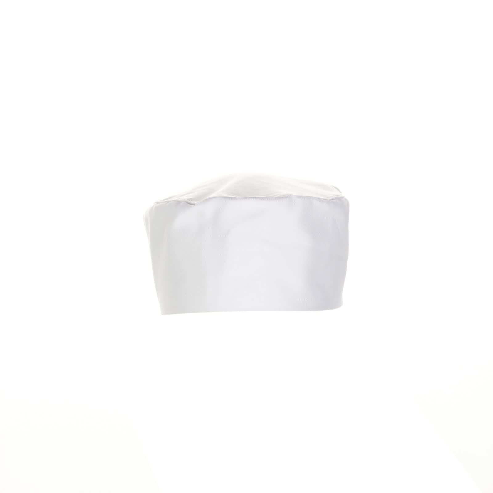 A white chef beanie with a smooth fabric surface and a simple design. It includes a logo on the front.