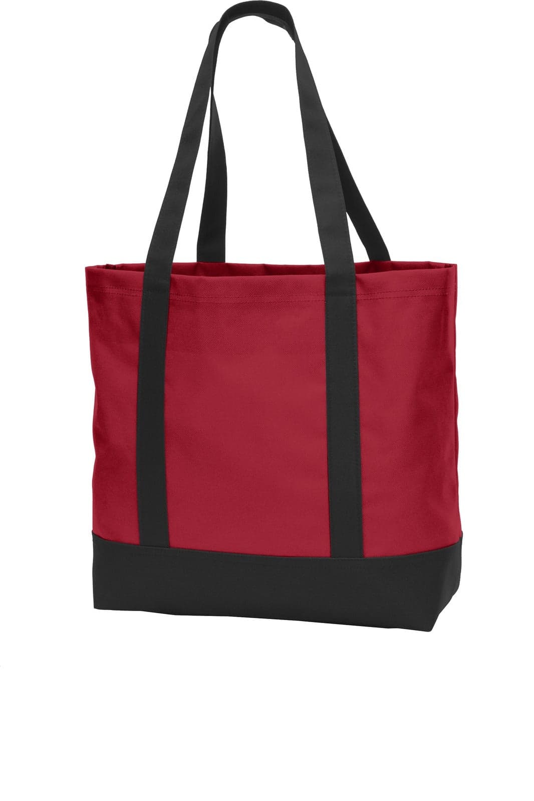 A red tote bag with black straps and a black bottom, featuring a logo on the side.