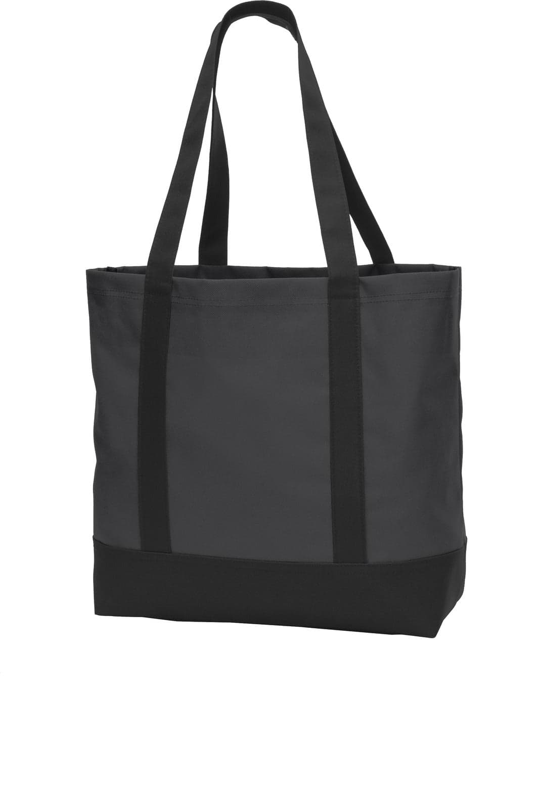 A black tote bag with dual handles and a structured design, featuring a logo on the front.