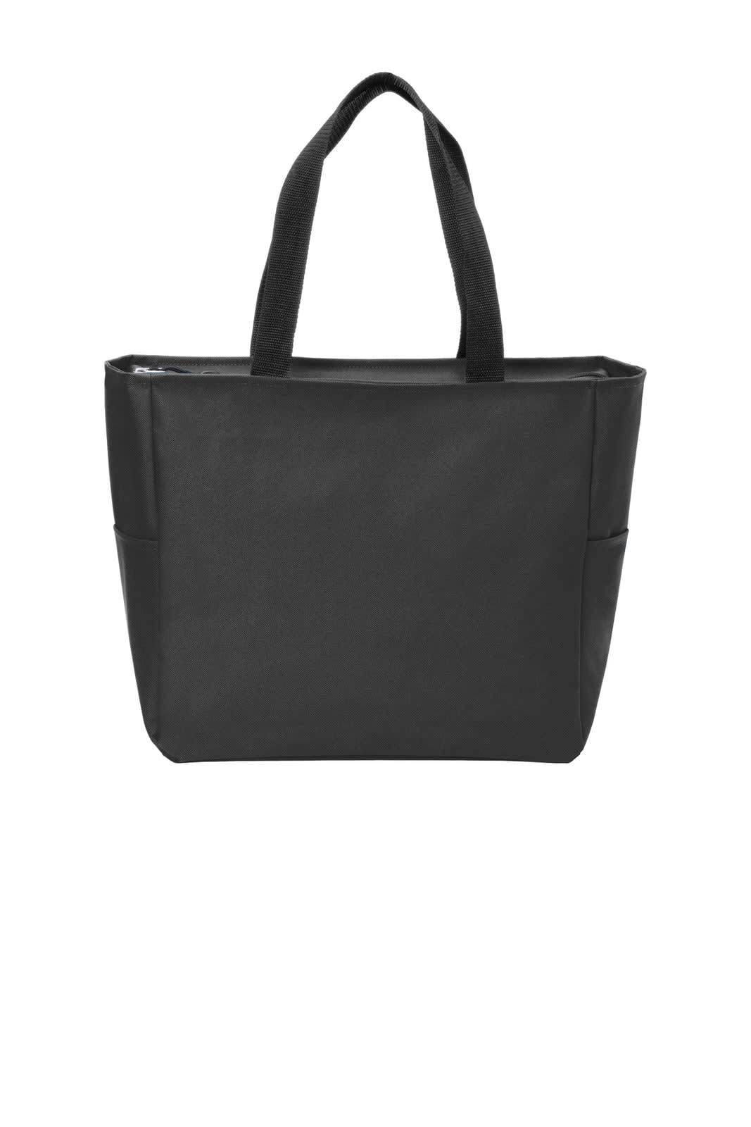 A black tote bag featuring two side pockets and sturdy handles. It has a simple, sleek design and a branding logo.