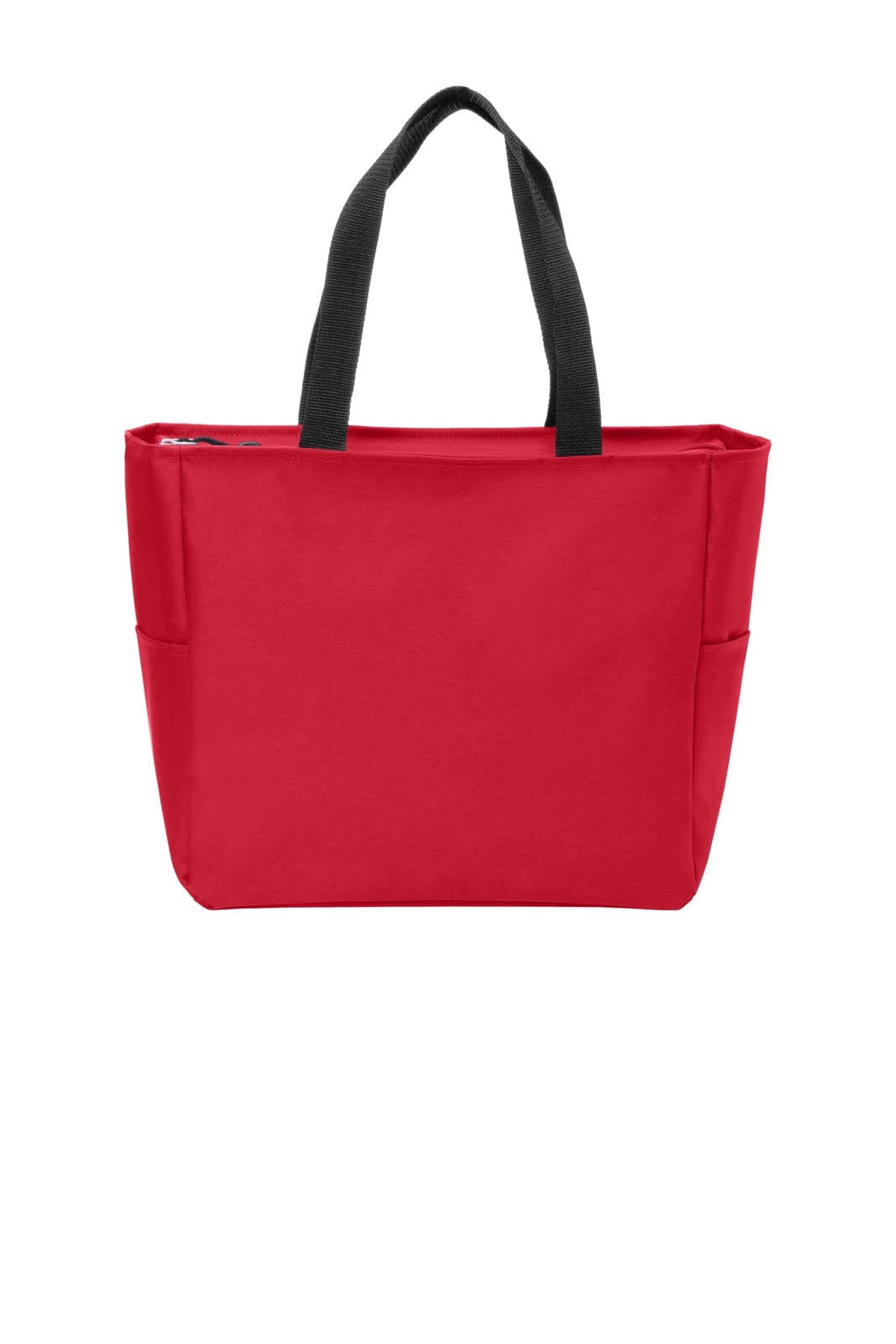 A red tote bag featuring black handles and side pockets, with a simple design and a logo branding.