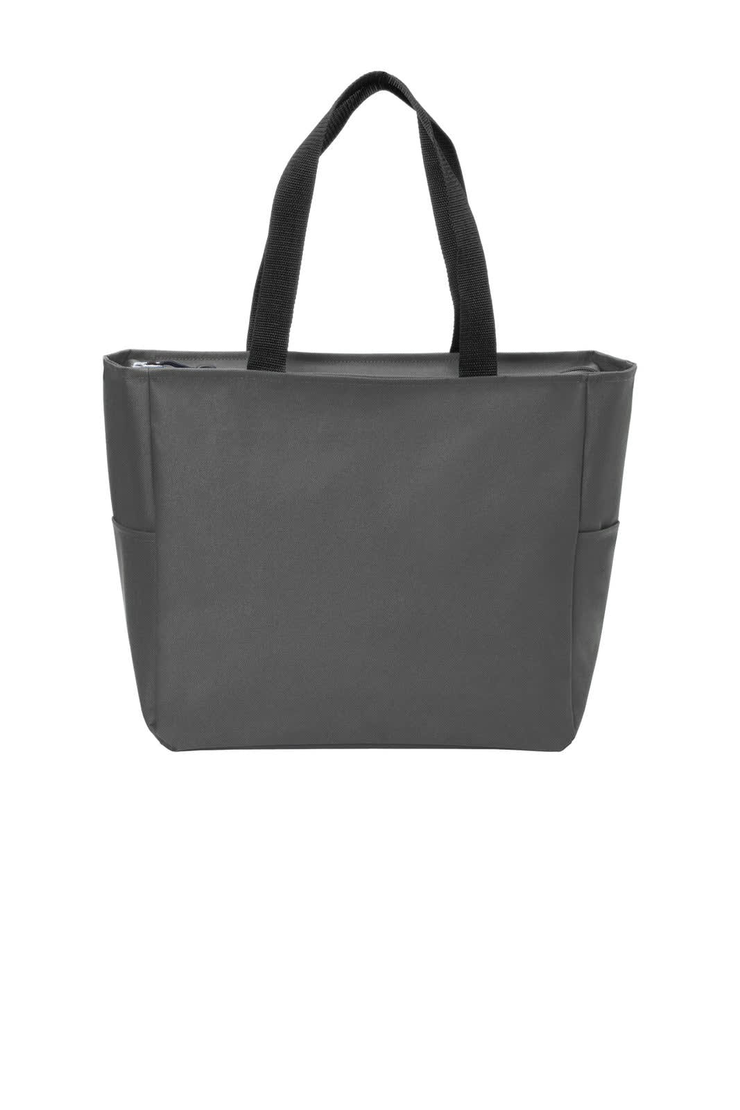 A grey tote bag featuring two side pockets and sturdy handles. The bag has a logo on the front.