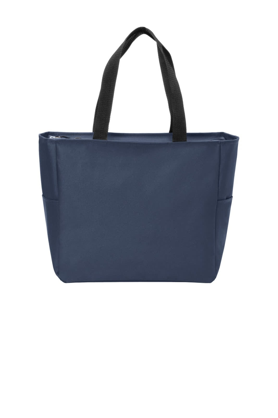 A navy tote bag with black handles, featuring an exterior pocket and a simple, sleek design. It has a logo.