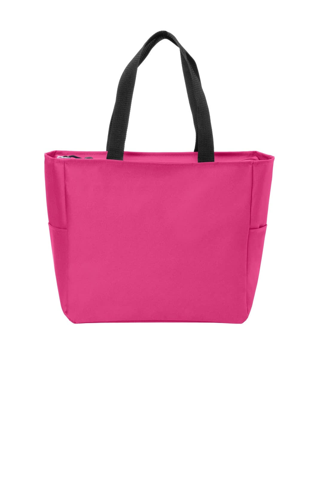 A pink tote bag with black handles, featuring side pockets and a logo.
