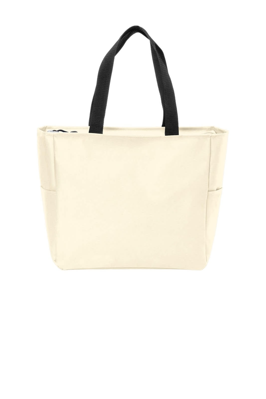 A cream tote bag with black handles and side pockets, featuring a logo on one side.