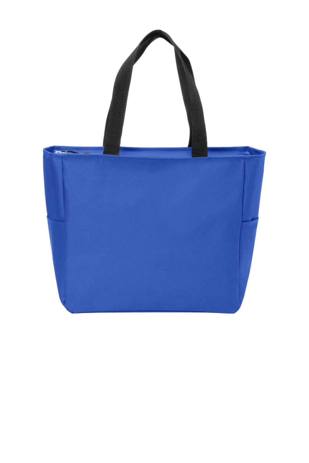 A blue tote bag featuring black handles and side pockets, with a zip closure and a logo.