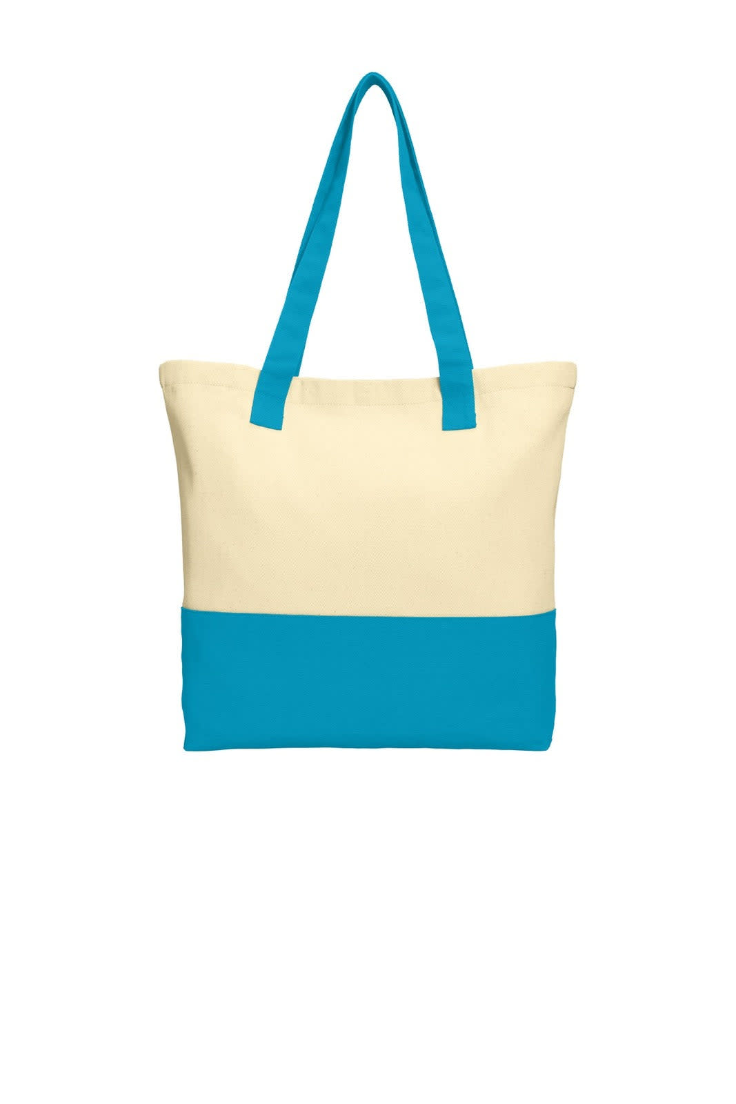 A tote bag with a cream upper section and a bright blue lower section, featuring two blue handles and a logo.