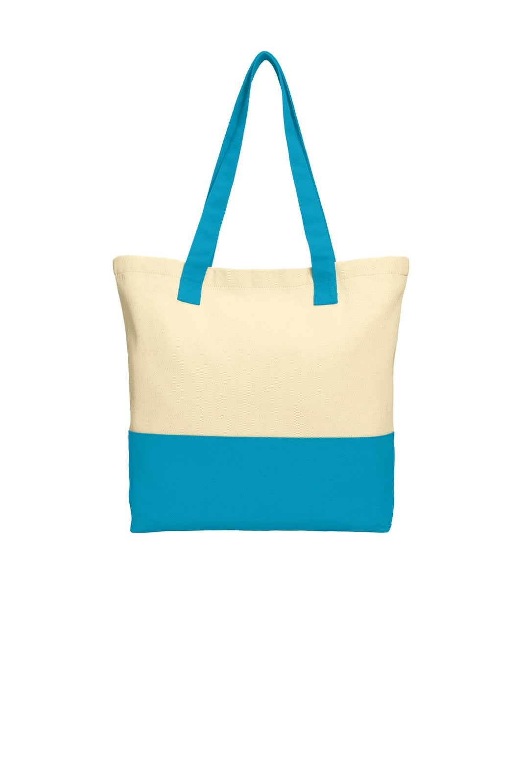 A tote bag featuring a cream top and bright blue bottom, with long handles and a logo on one side.
