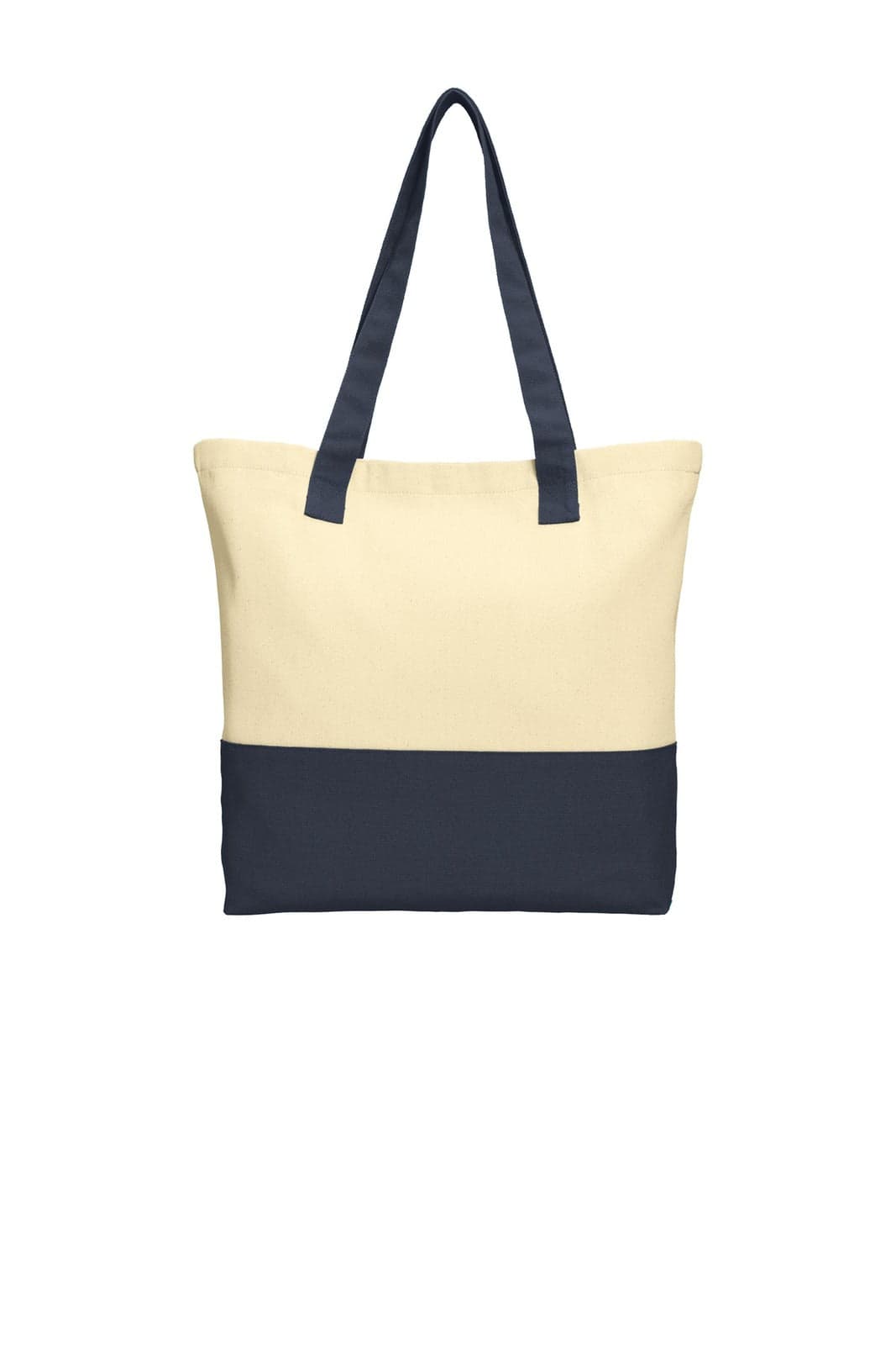 A tote bag in cream and navy blue, featuring two sturdy straps and a branded logo.